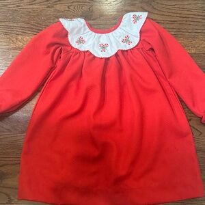 Smockingbird Red Long Sleeve Christmas Dress with Embroidered Collar